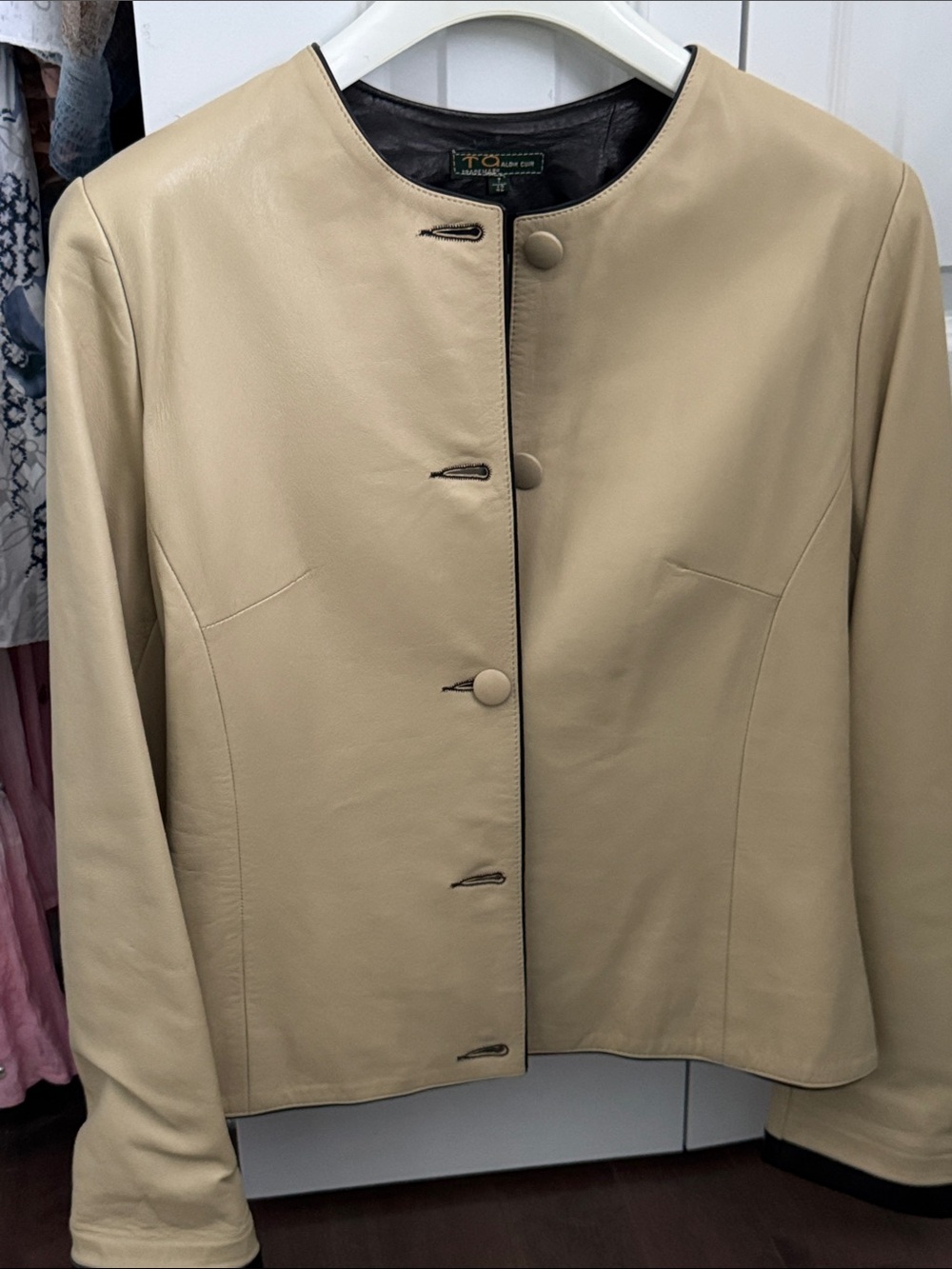Beige Cream italian Leather Button Jacket